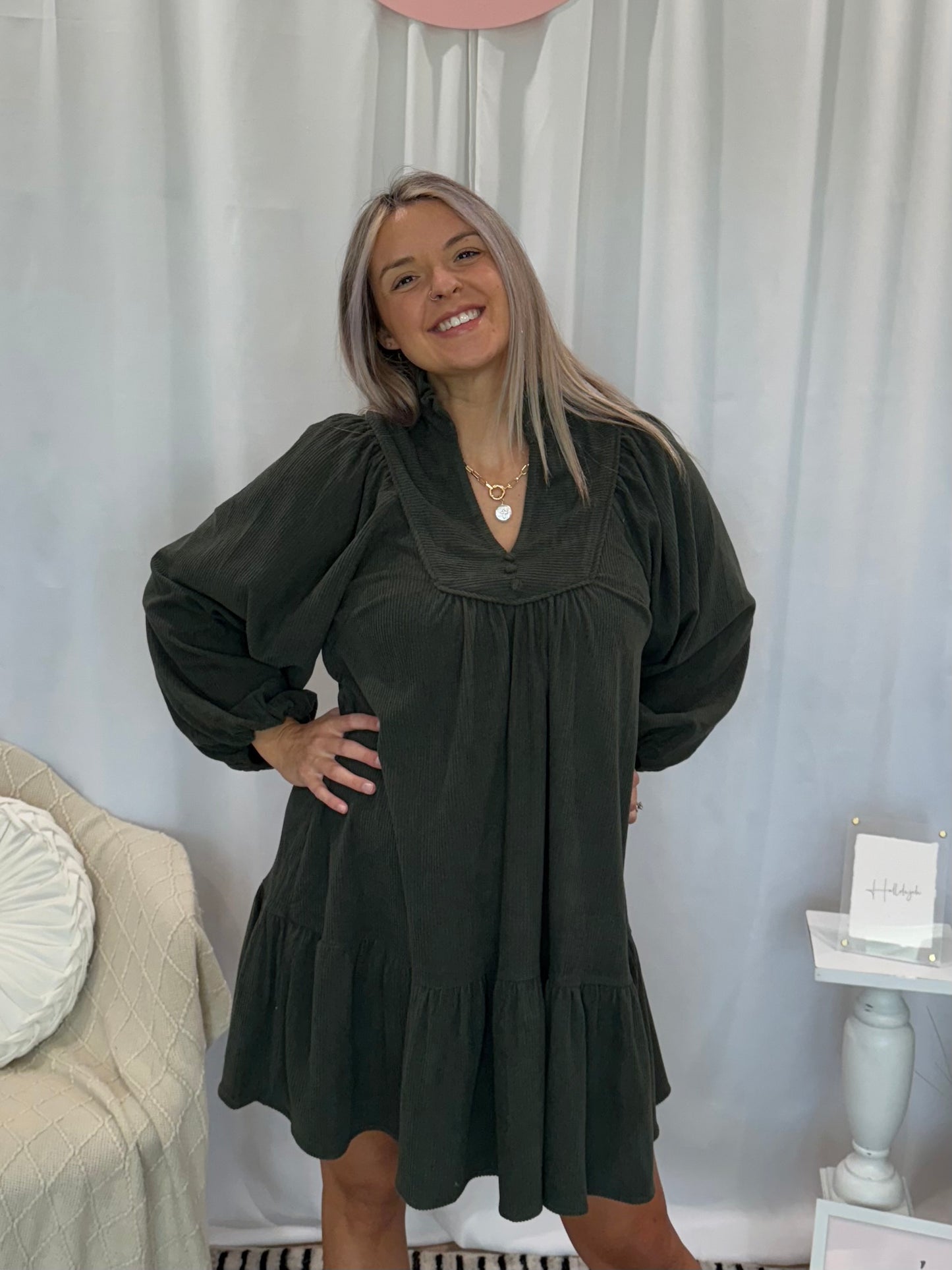 Olive Corduroy Deluxe Dress