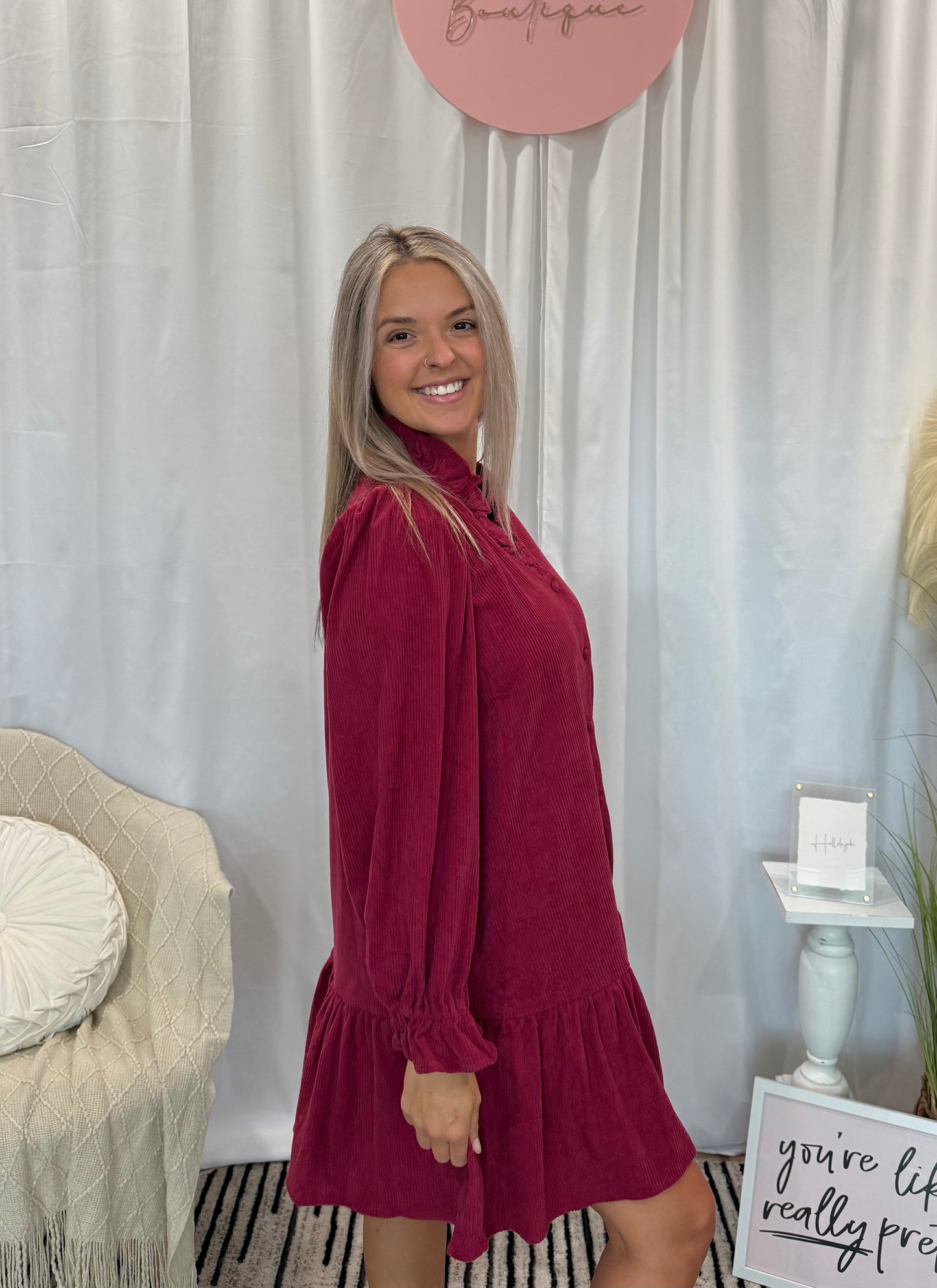Wine Corduroy Comfort Dress