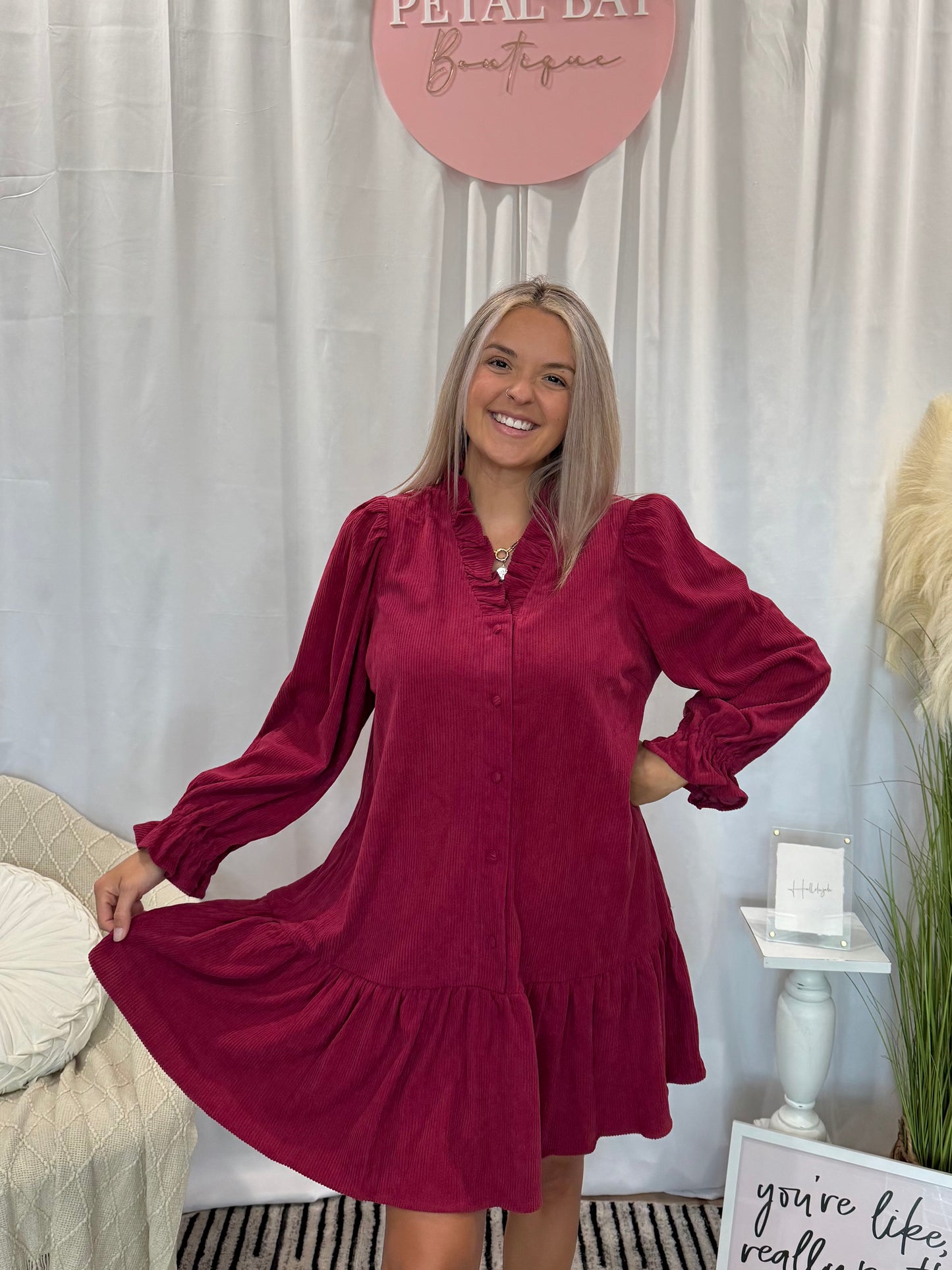 Wine Corduroy Comfort Dress