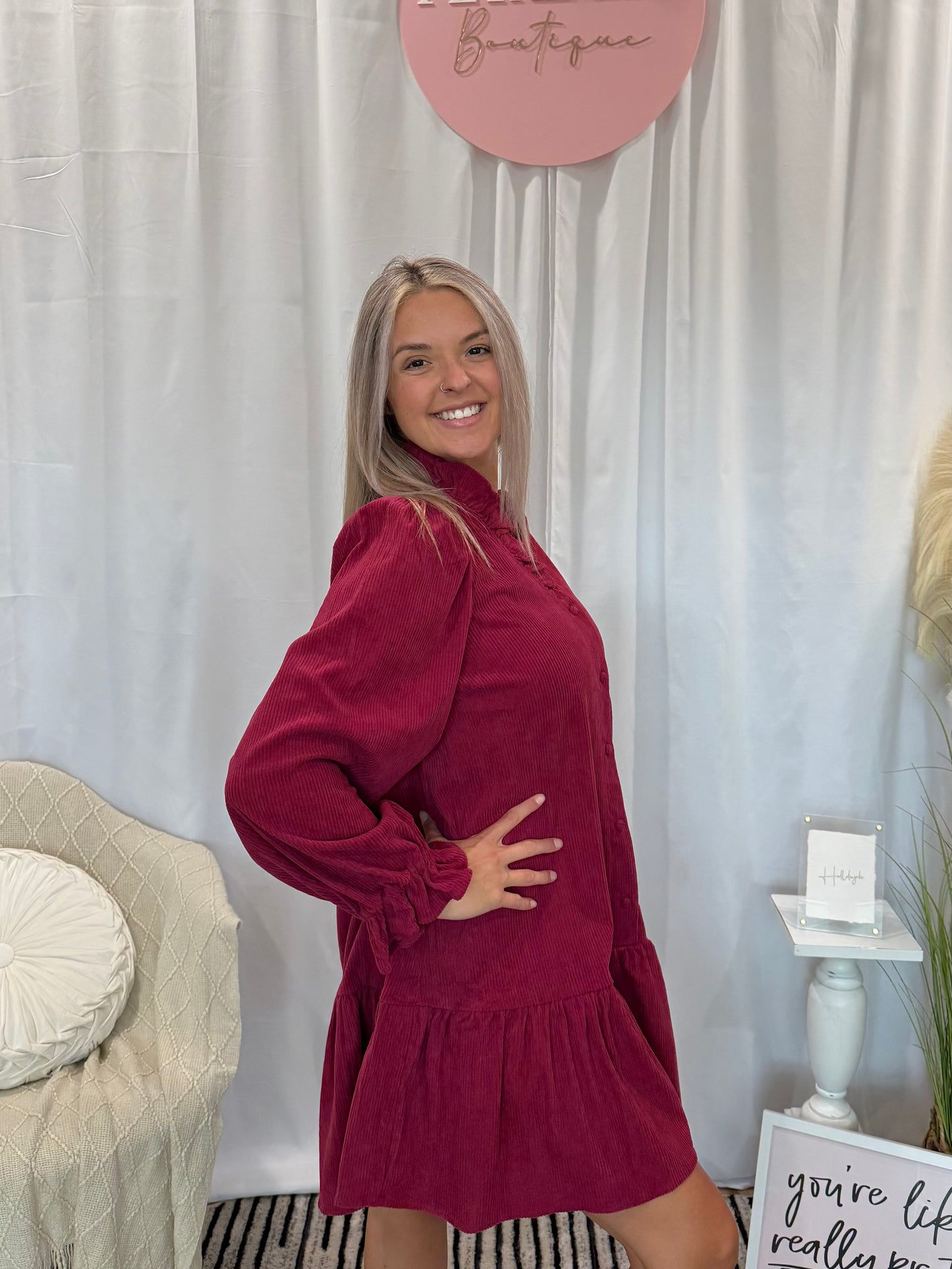 Wine Corduroy Comfort Dress
