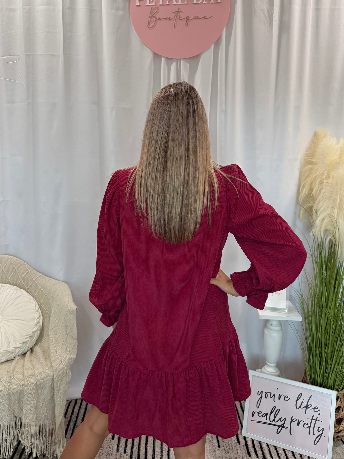 Wine Corduroy Comfort Dress