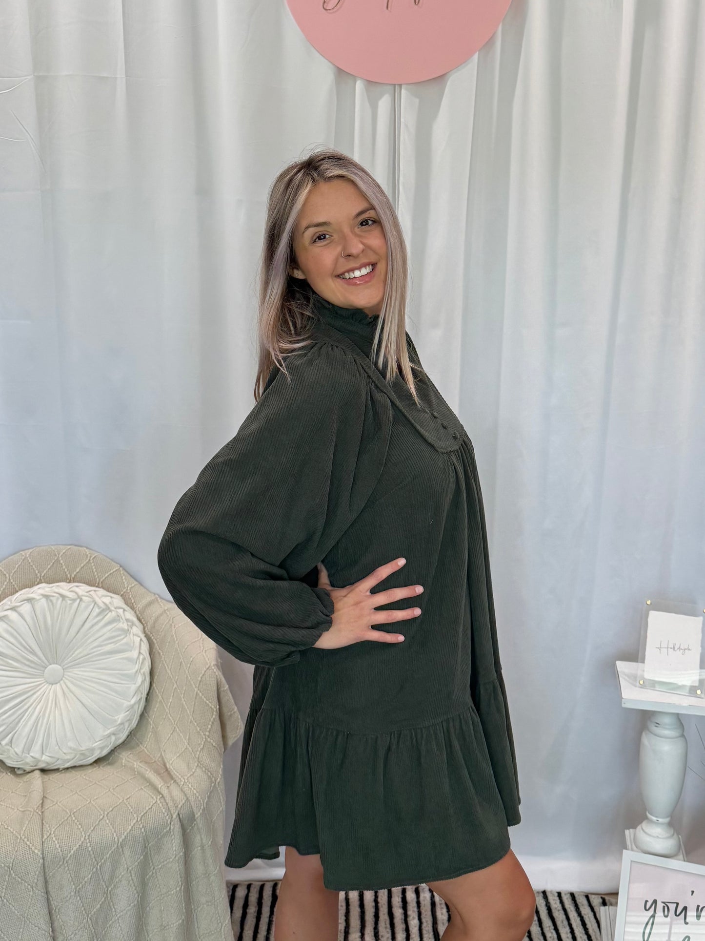 Olive Corduroy Deluxe Dress