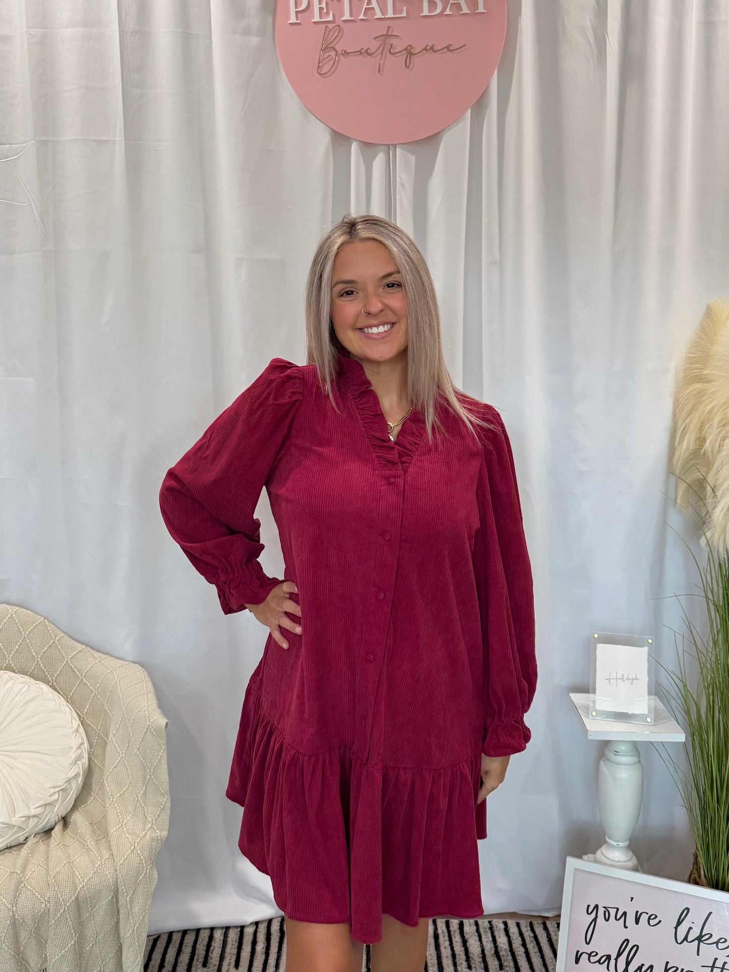 Wine Corduroy Comfort Dress