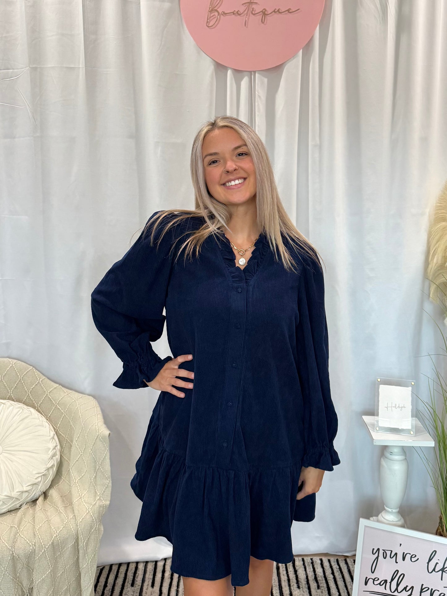 Navy Corduroy Comfort Dress