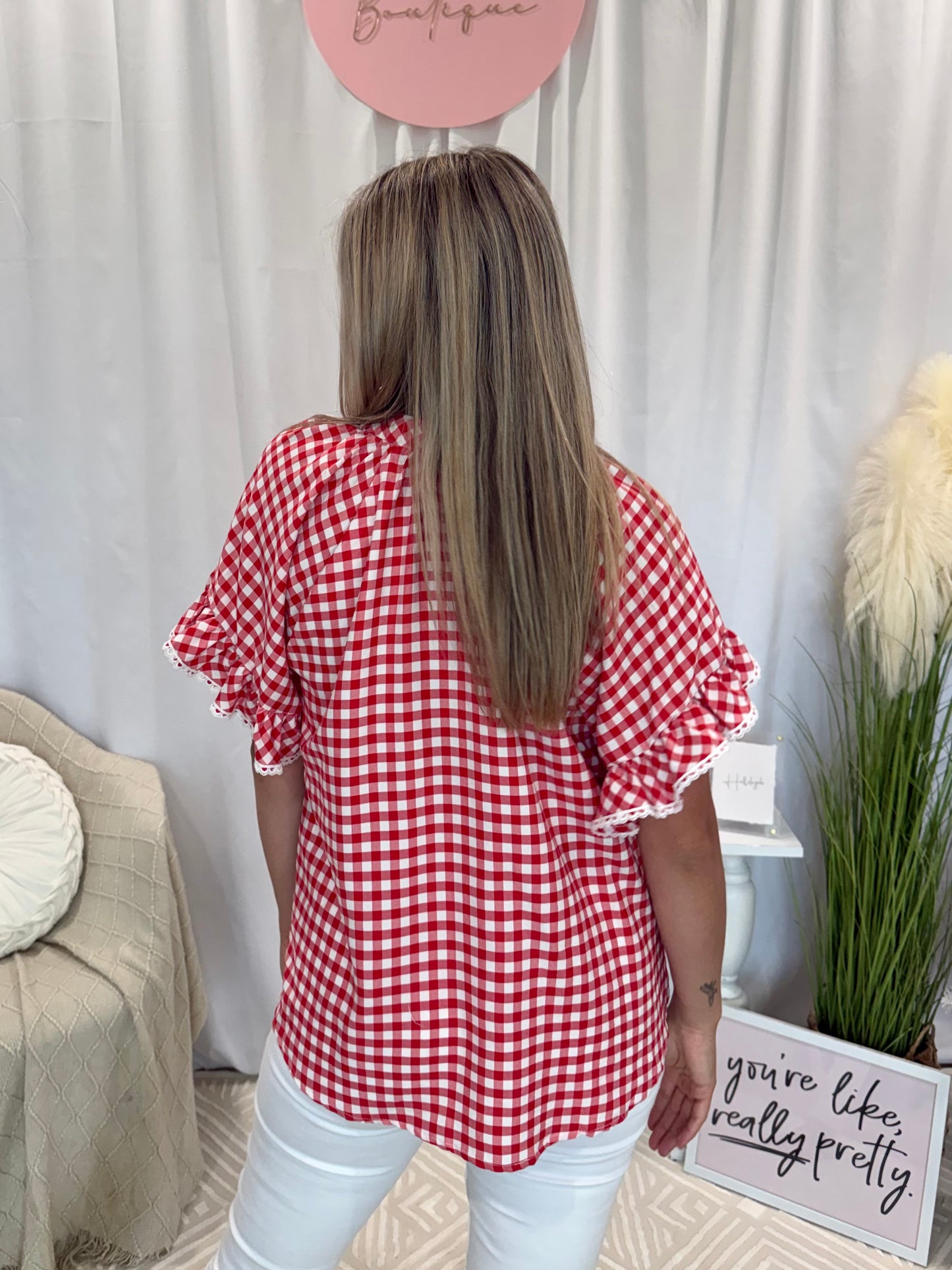 Cranberry Ruffle Gingham Top