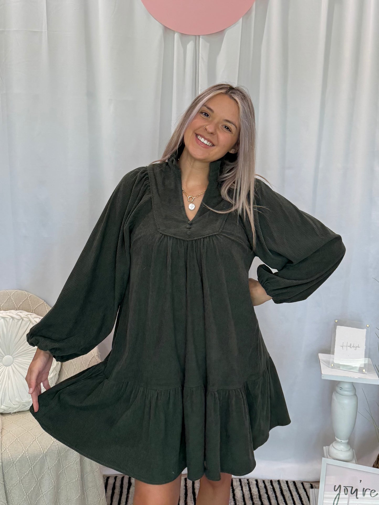 Olive Corduroy Deluxe Dress