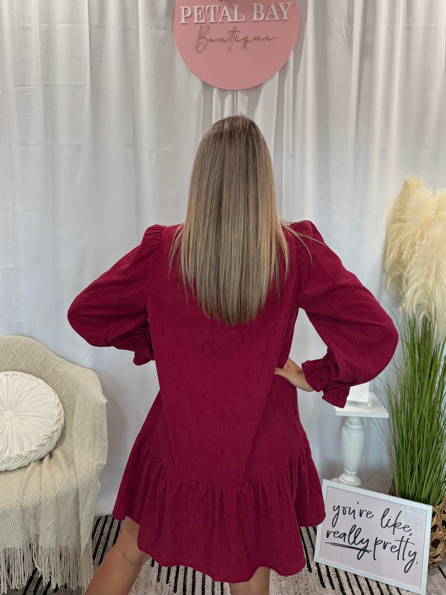Wine Corduroy Comfort Dress