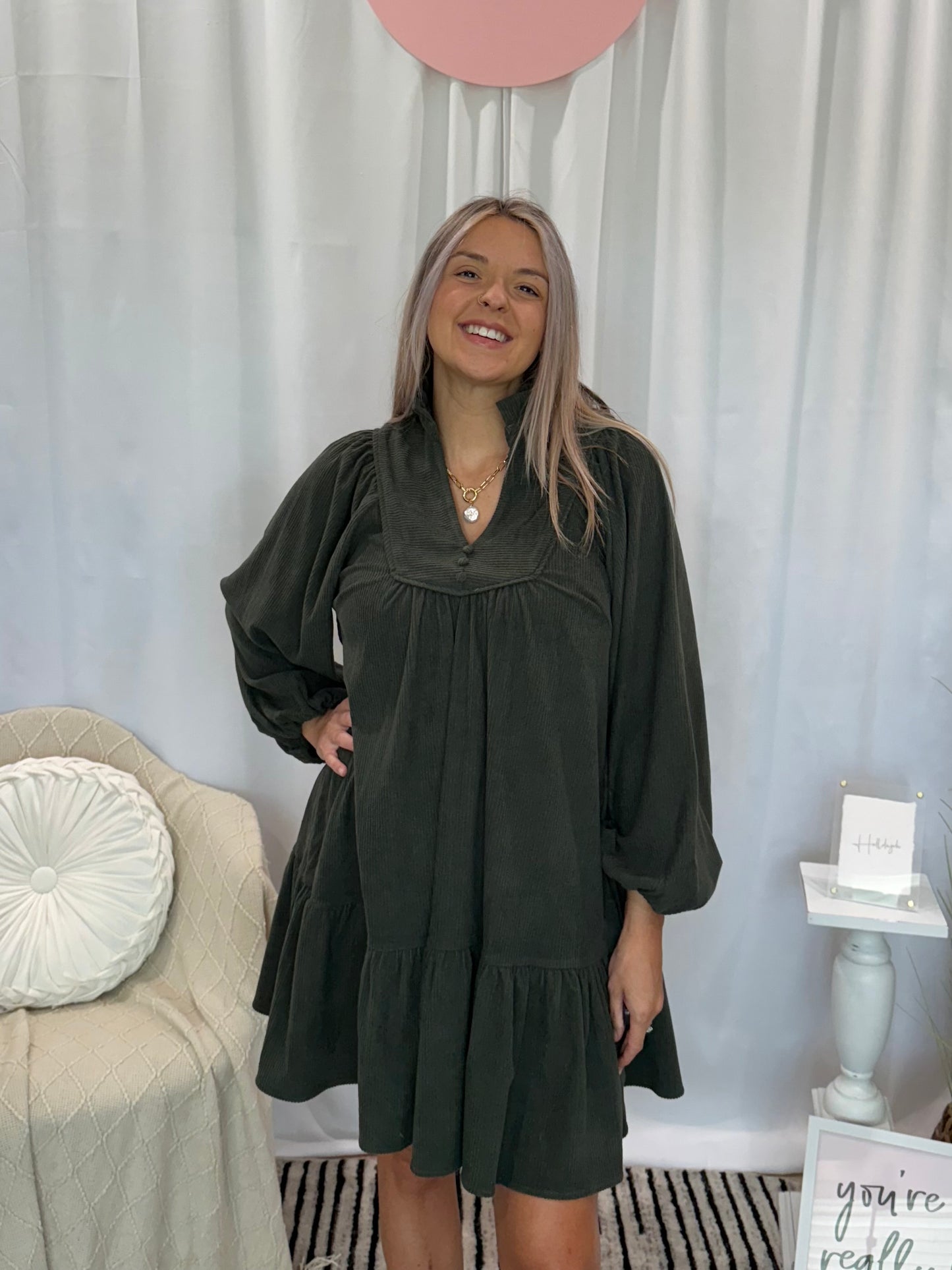 Olive Corduroy Deluxe Dress