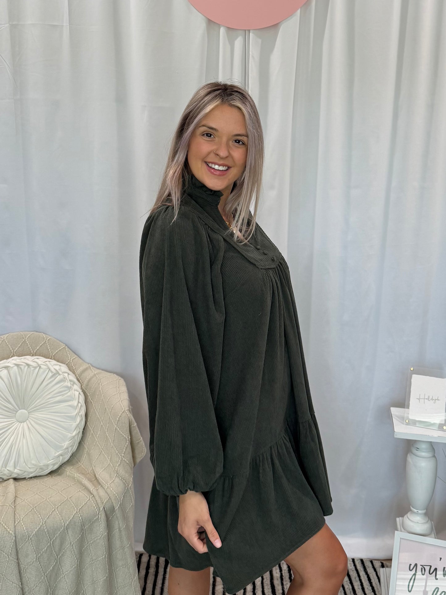 Olive Corduroy Deluxe Dress