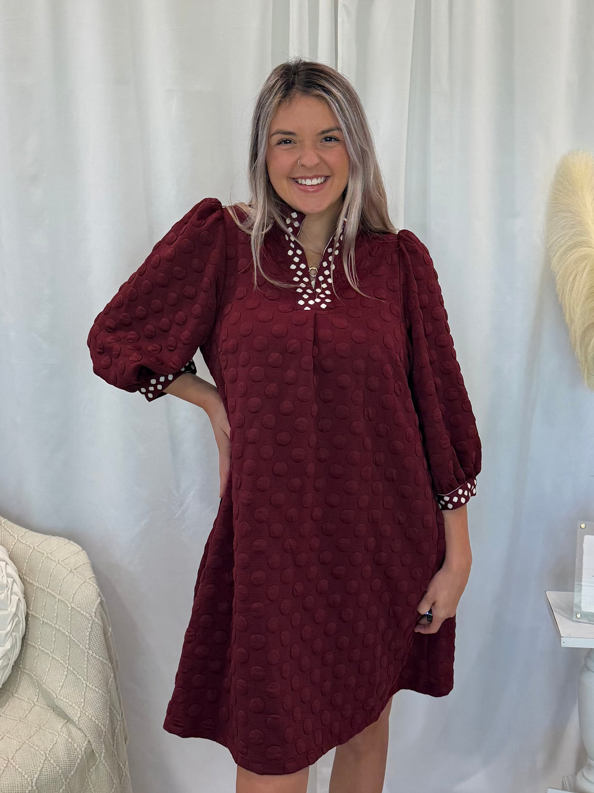 Maroon Polka Dot Dress (Pockets!)