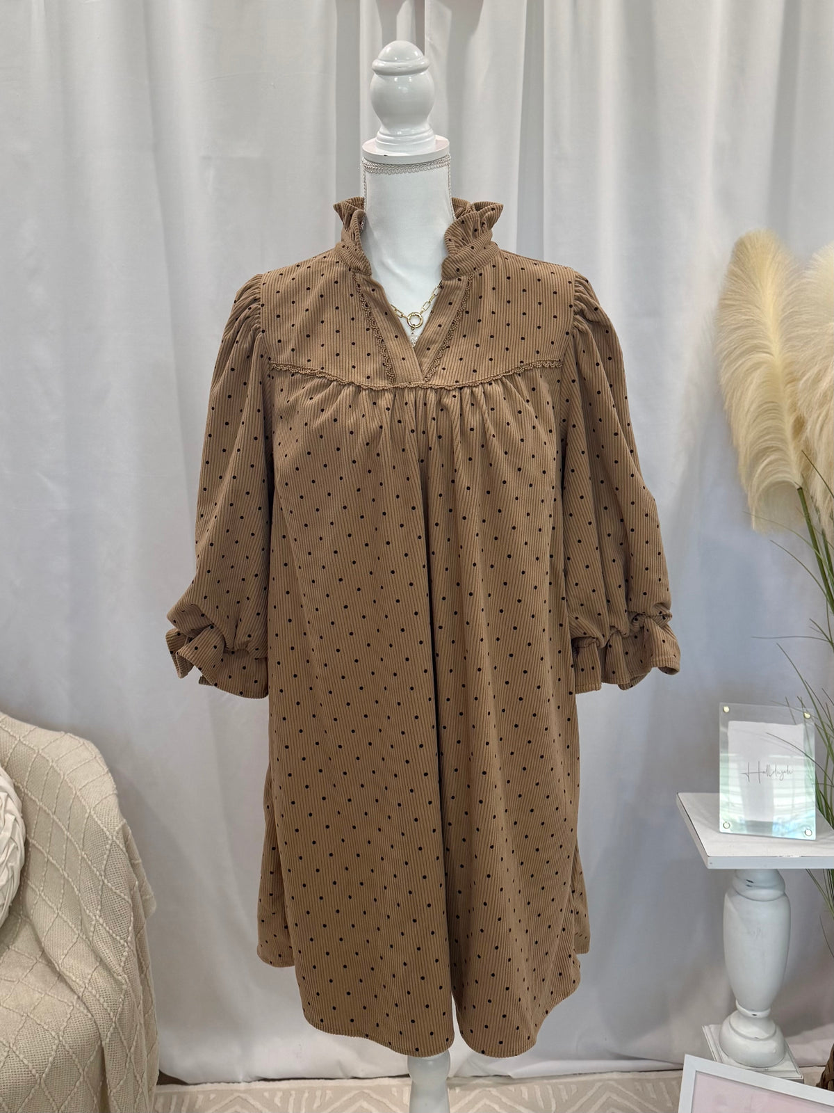 Corduroy Coffee Polka Dot Dress