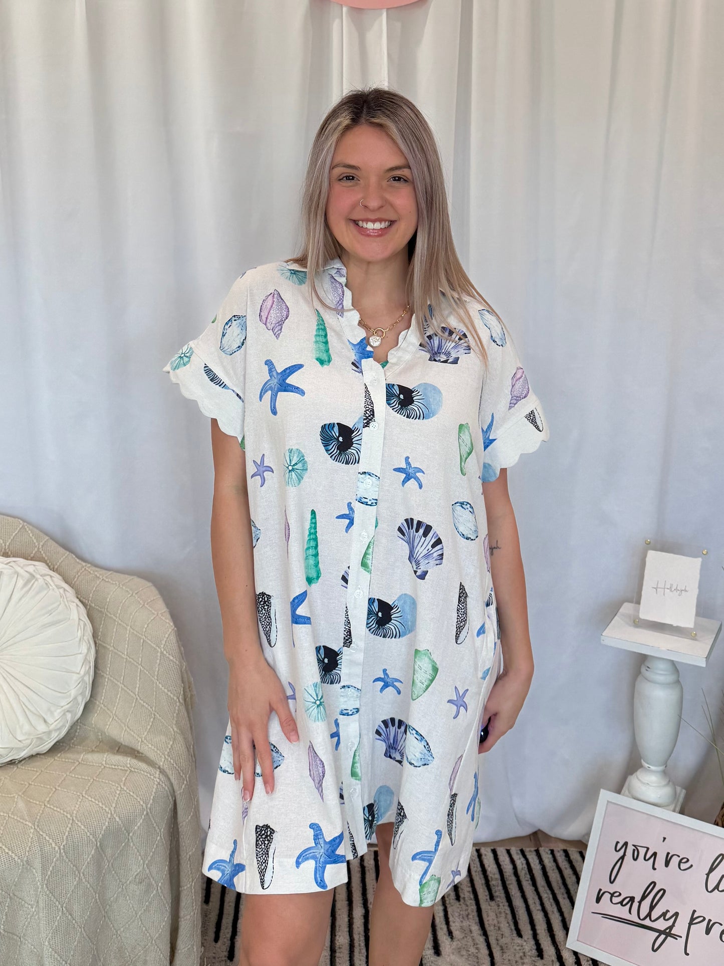 Blue Scalloped Seashell Dress (Pockets!)