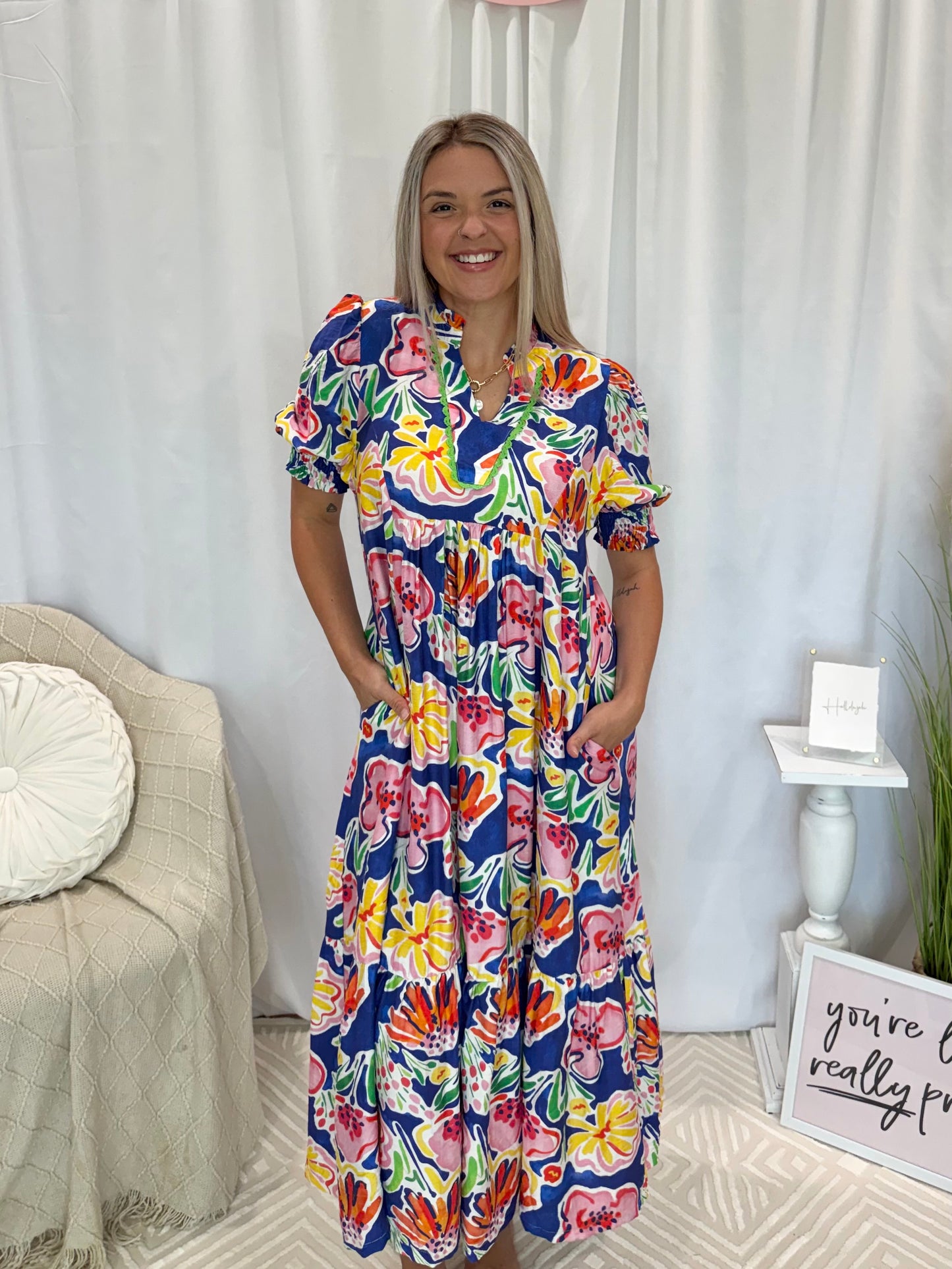 Cobalt Island Bloom Dress (Pockets!)