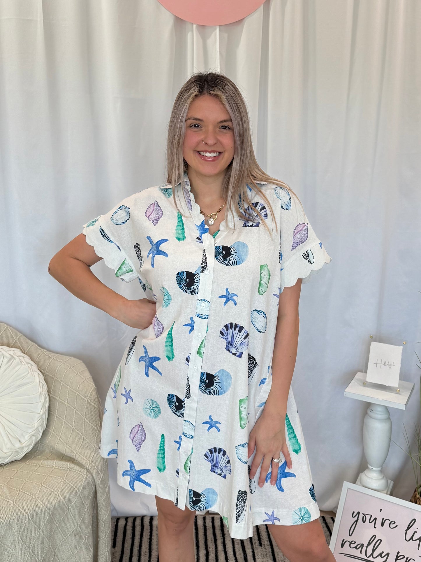 Blue Scalloped Seashell Dress (Pockets!)