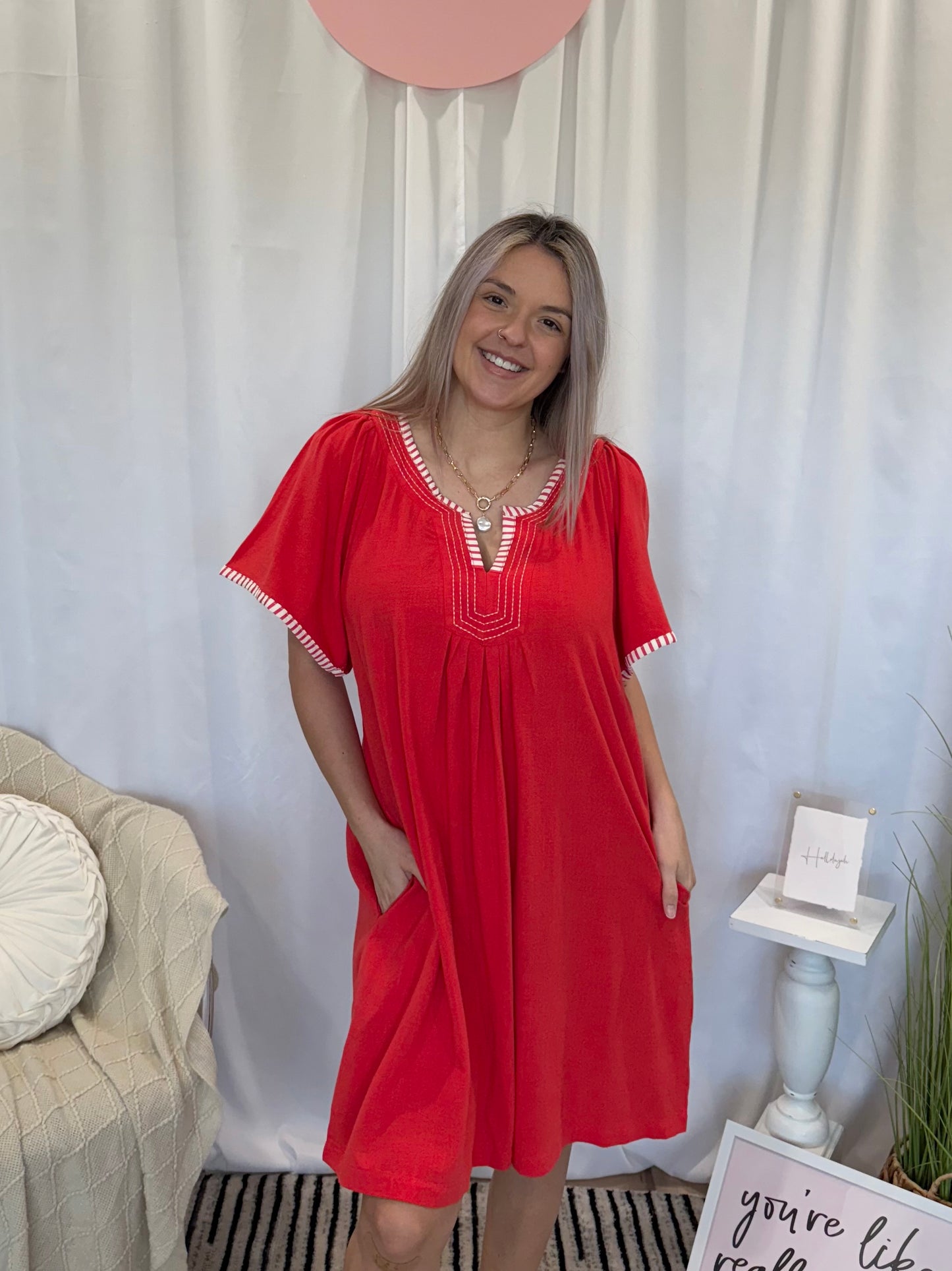 Pop of Red Dress (Pockets!)