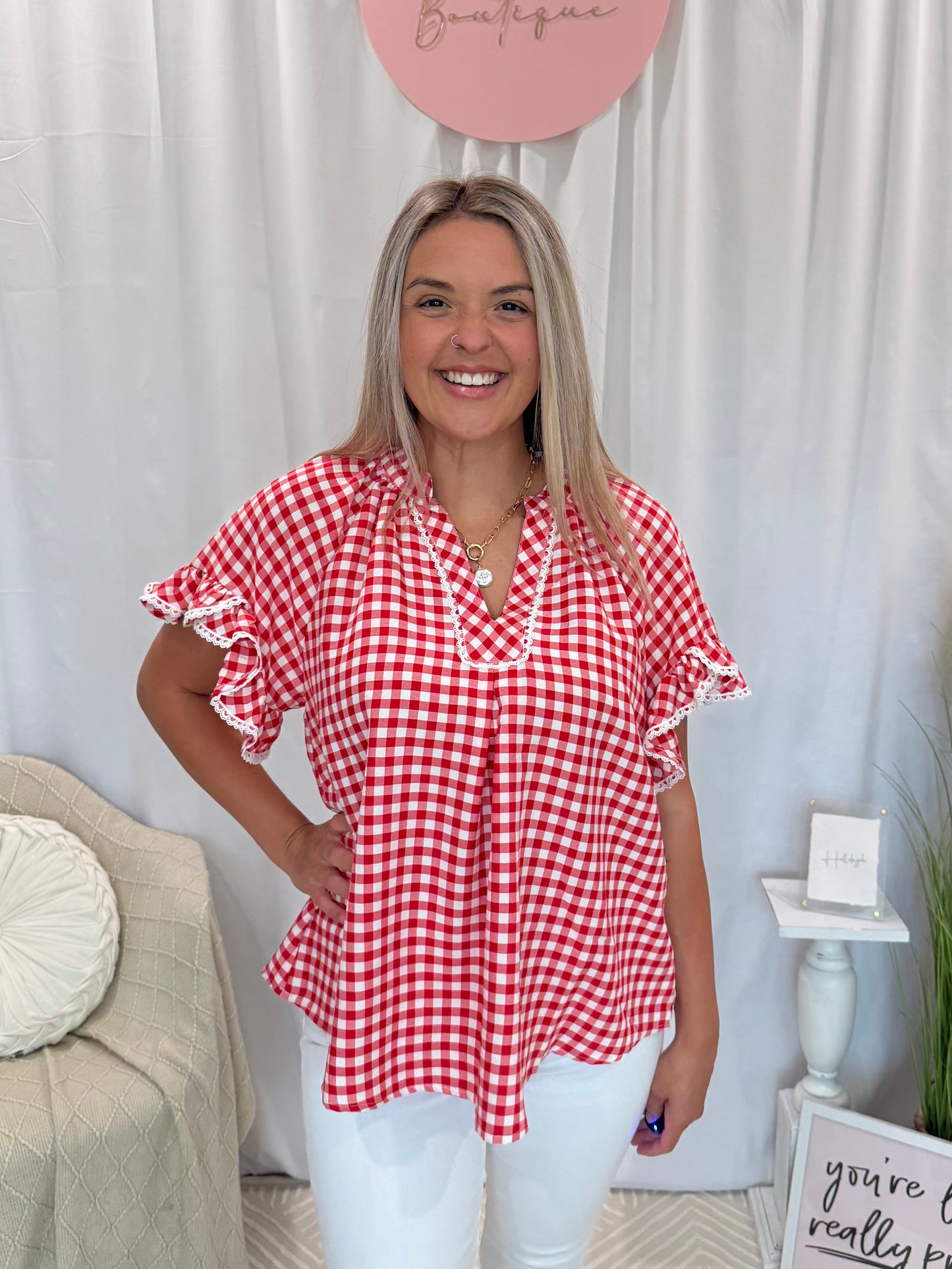 Cranberry Ruffle Gingham Top