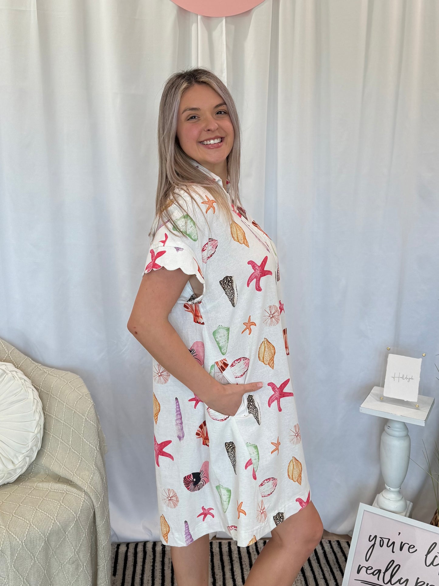 Coral Scalloped Seashell Dress (Pockets!)