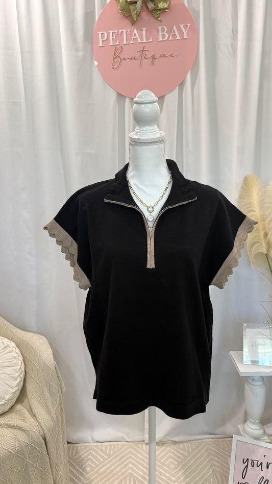 Scalloped Black Zip Top