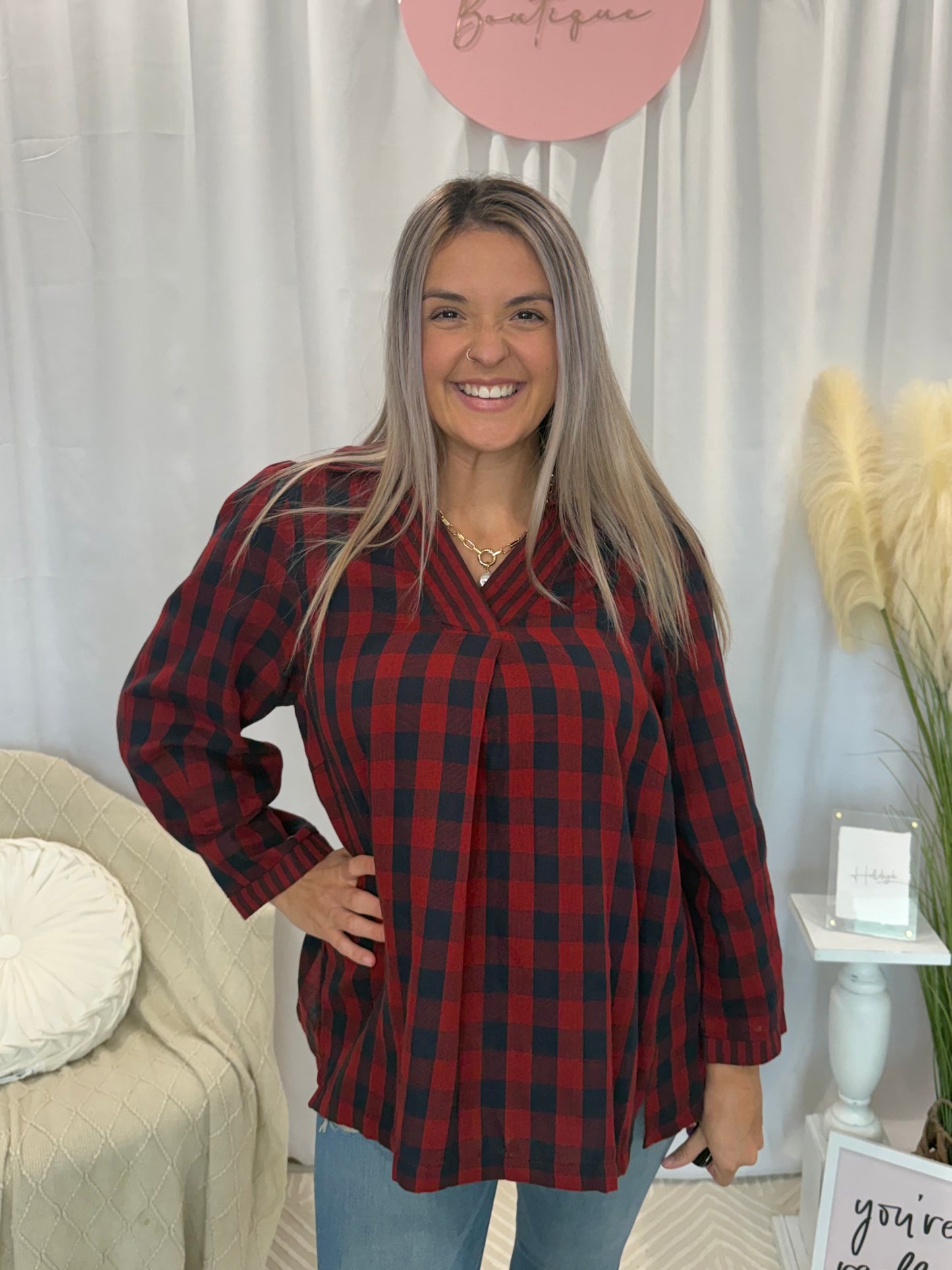 Muddled Cherry Plaid Top