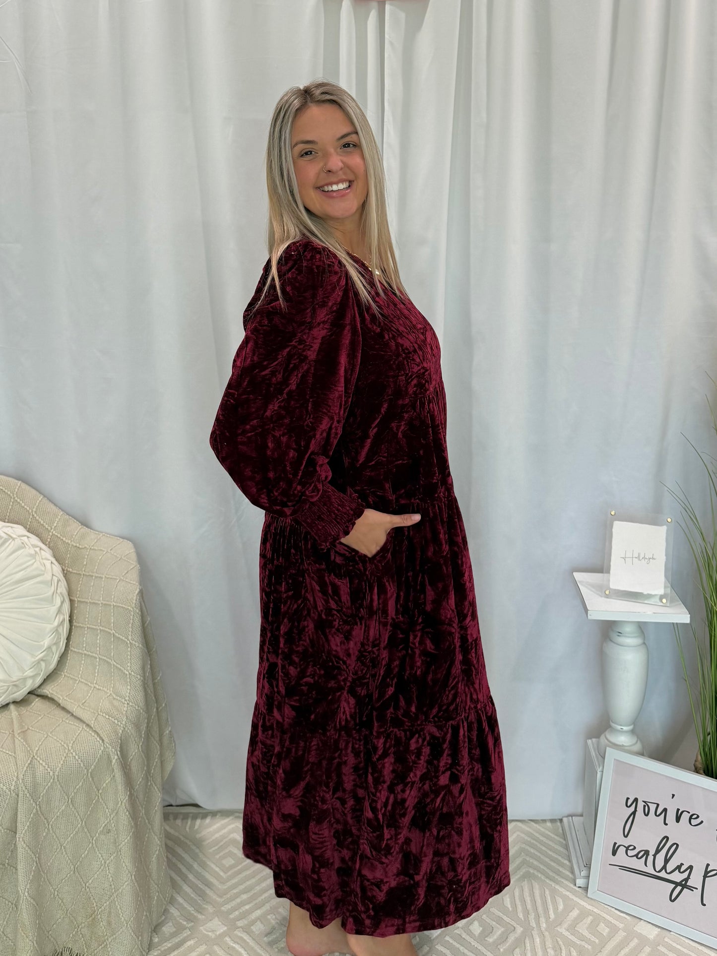 Velvety Wine Dress (Pockets!)
