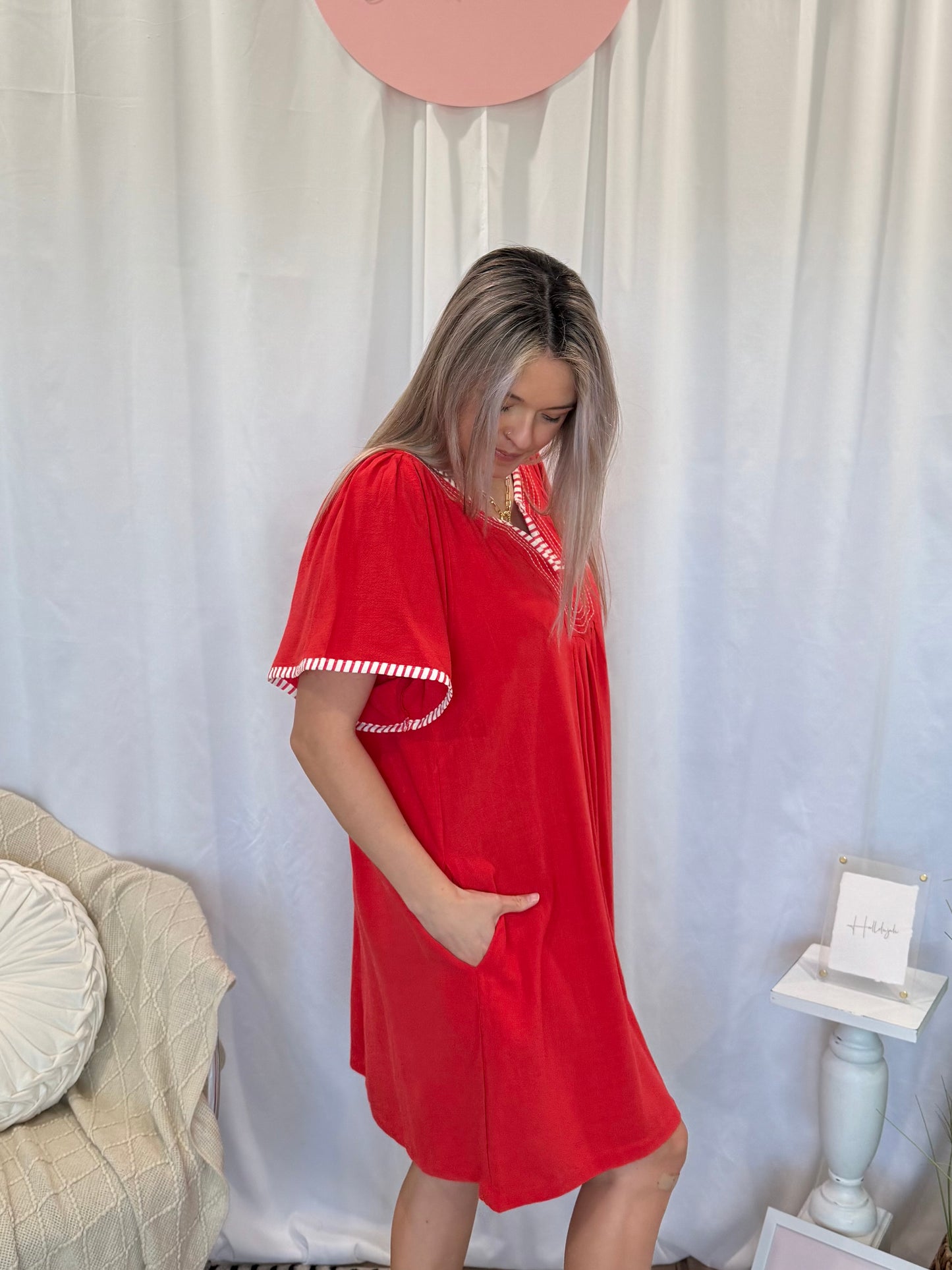 Pop of Red Dress (Pockets!)