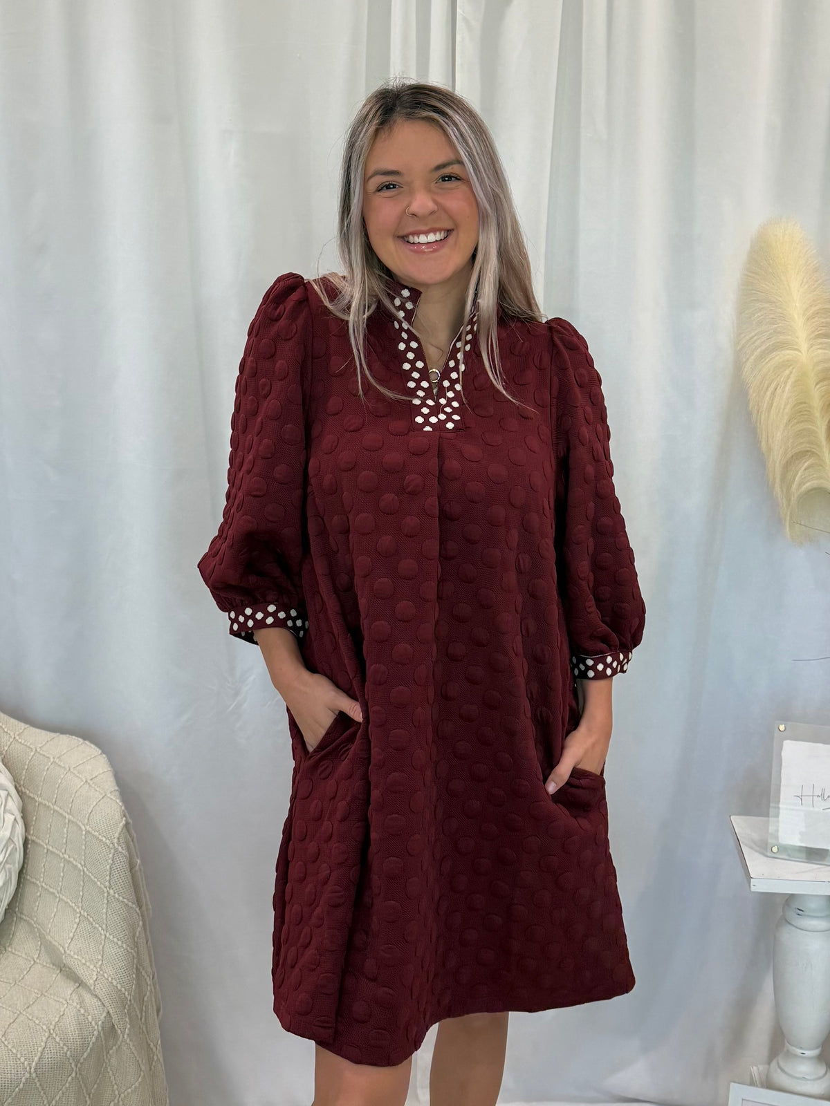 Maroon Polka Dot Dress (Pockets!)