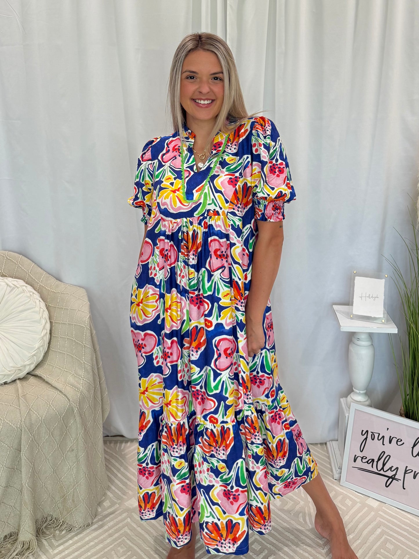 Cobalt Island Bloom Dress (Pockets!)