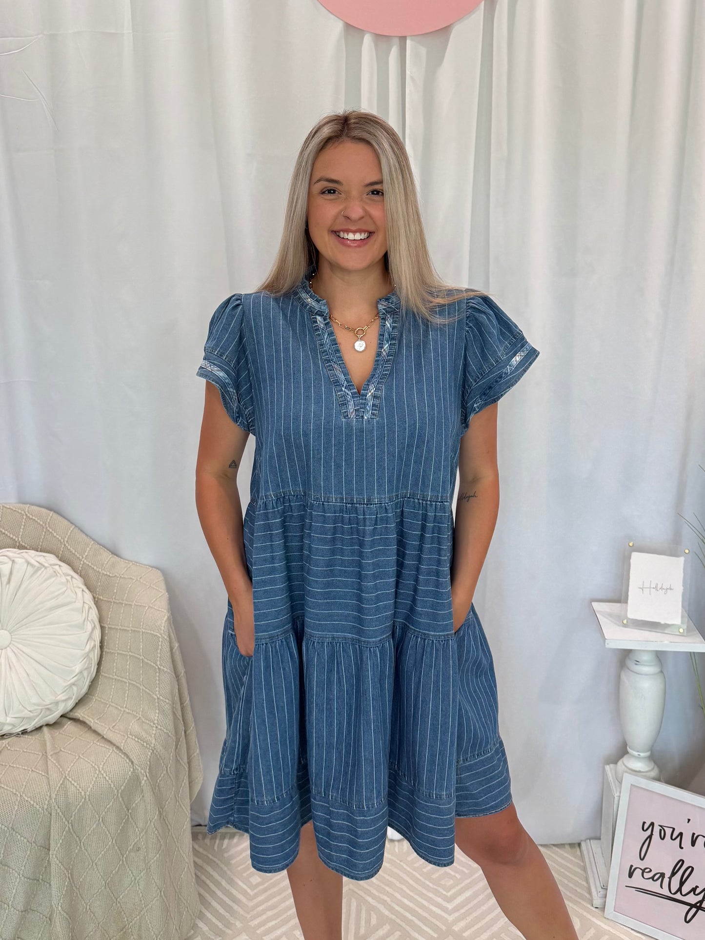 Light Daring Denim Dress (Pockets!)