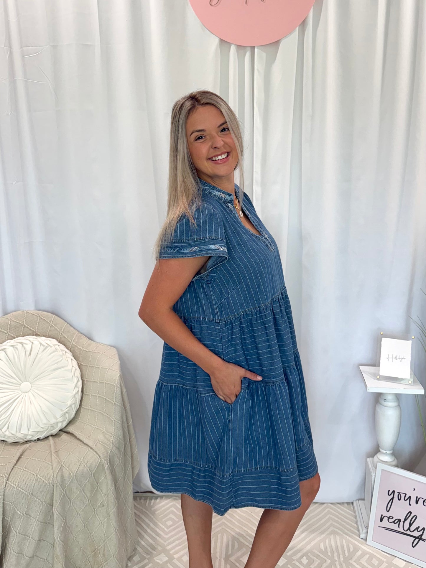Light Daring Denim Dress (Pockets!)