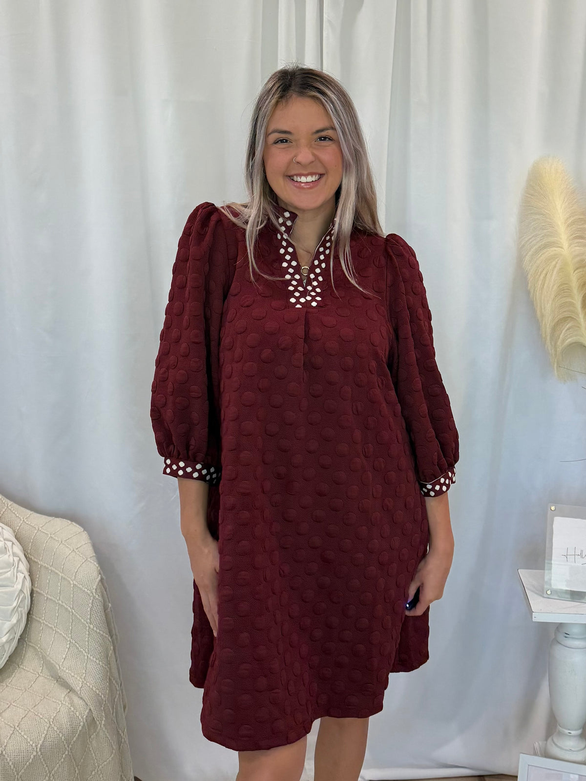 Maroon Polka Dot Dress (Pockets!)