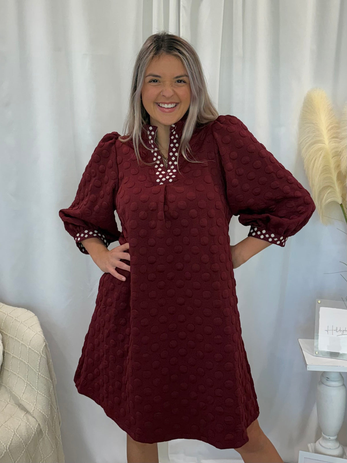 Maroon Polka Dot Dress (Pockets!)