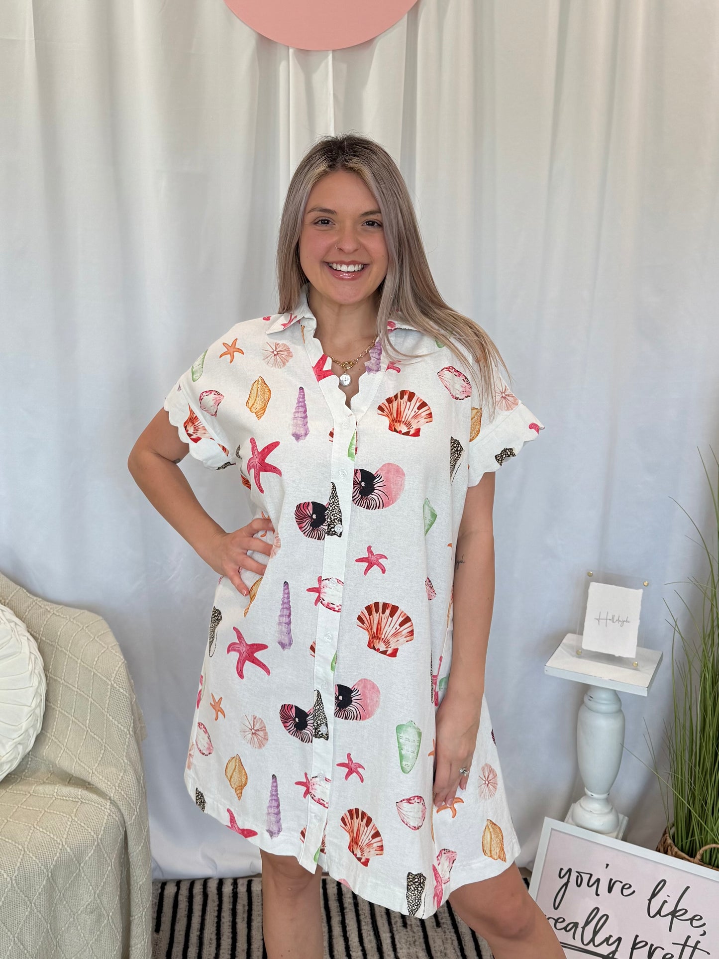 Coral Scalloped Seashell Dress (Pockets!)