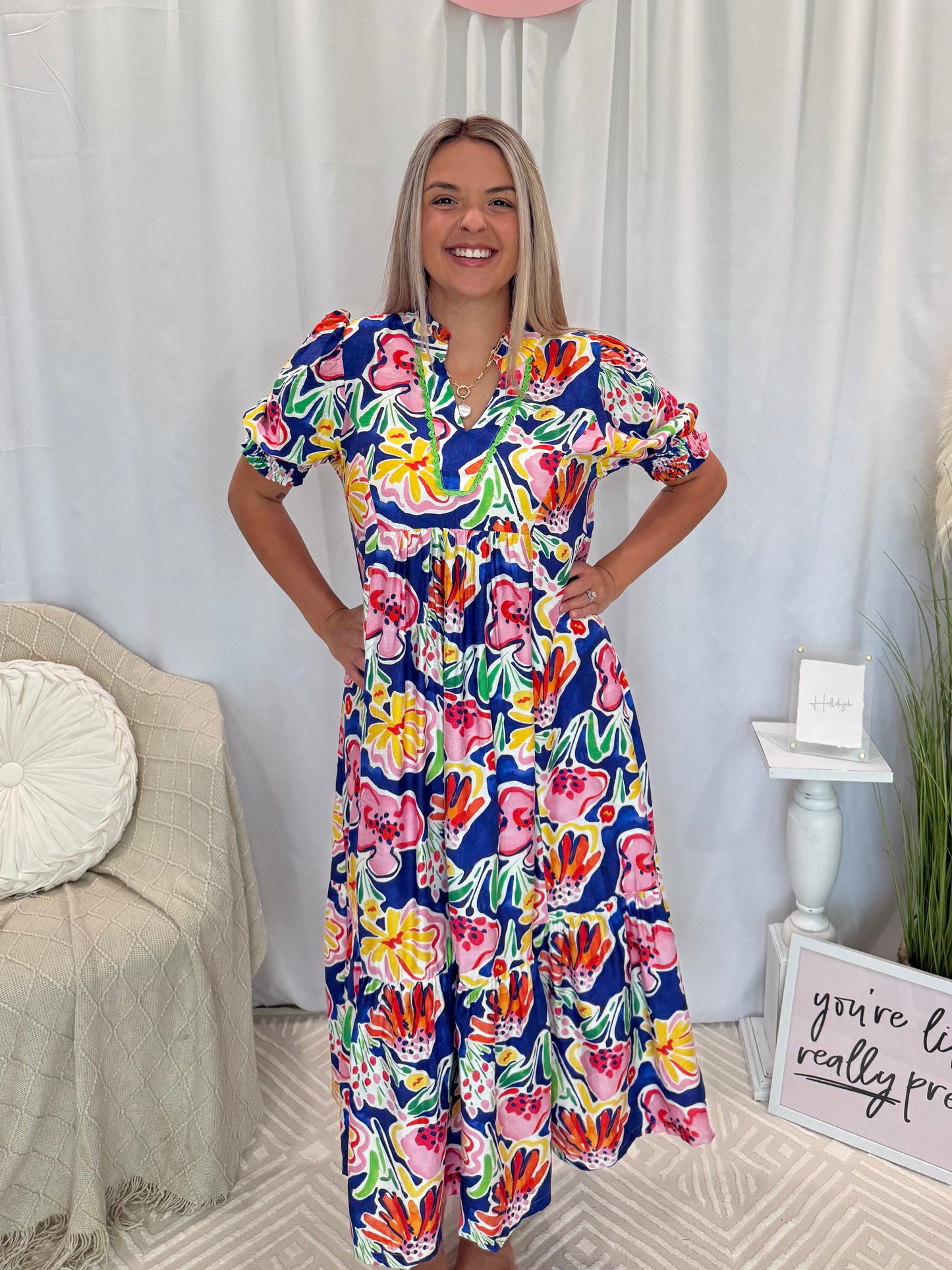 Cobalt Island Bloom Dress (Pockets!)