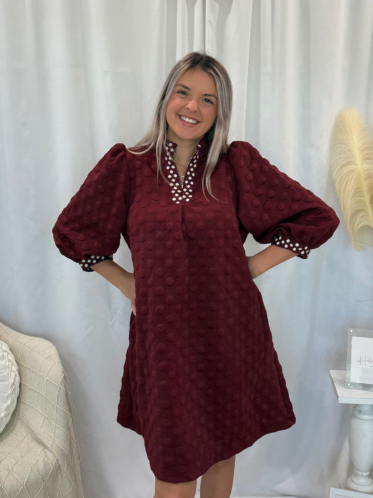Maroon Polka Dot Dress (Pockets!)