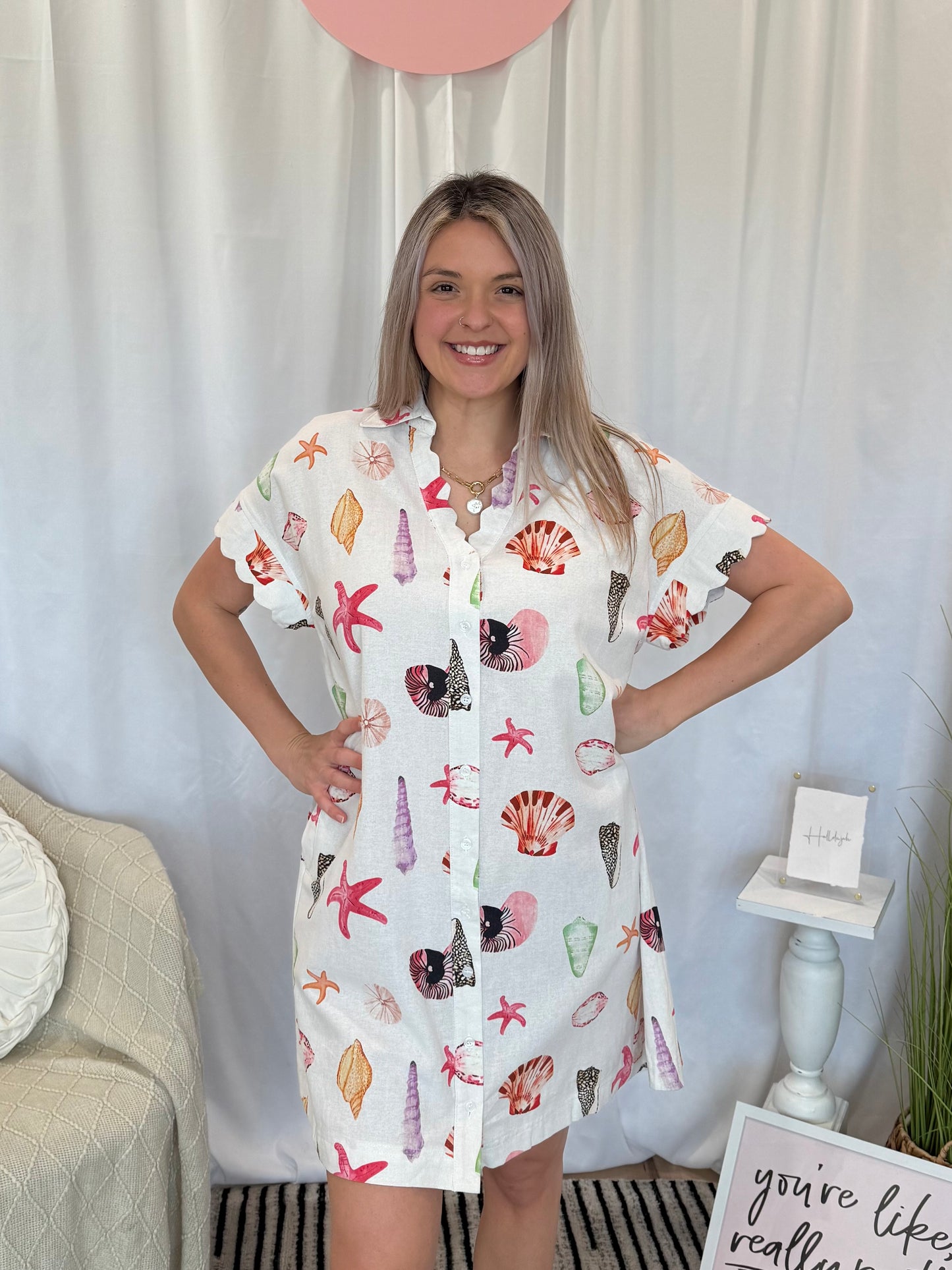 Coral Scalloped Seashell Dress (Pockets!)