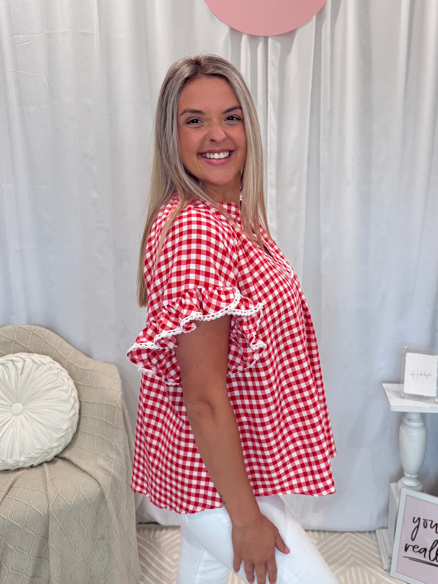 Cranberry Ruffle Gingham Top