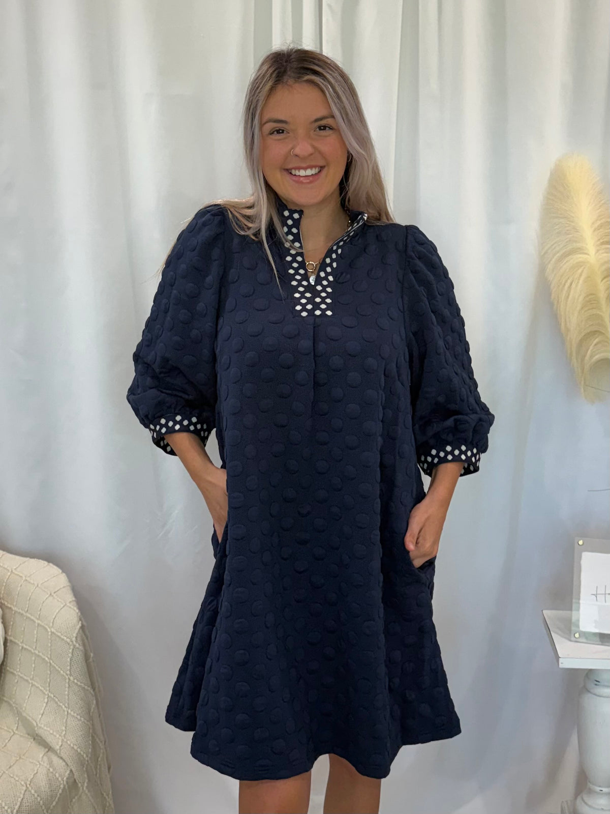 Navy Polka Dot Dress (Pockets!)