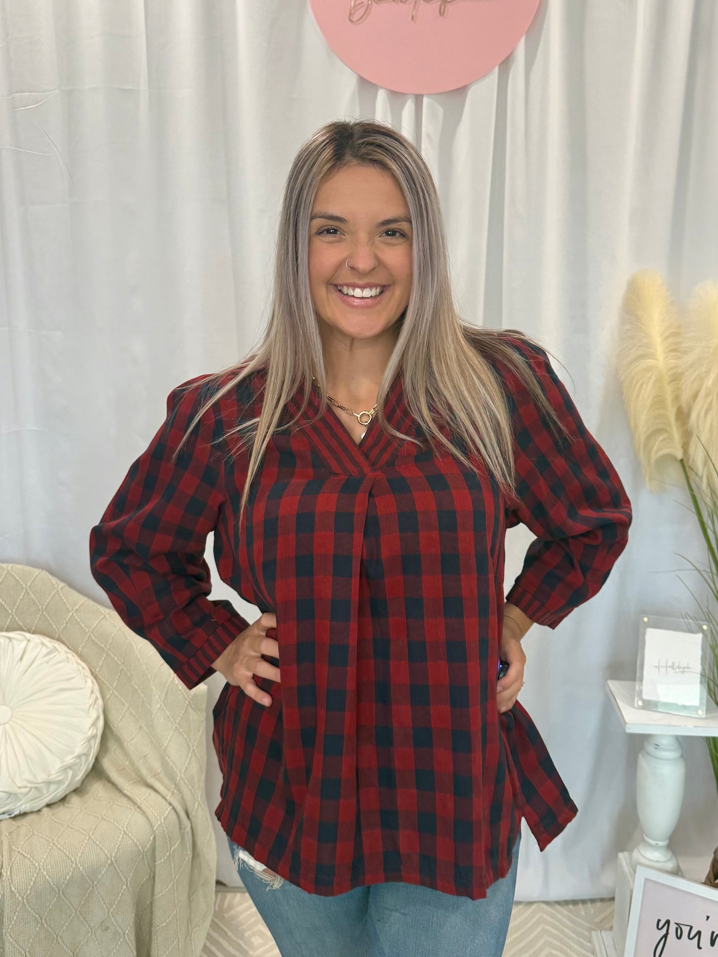 Muddled Cherry Plaid Top