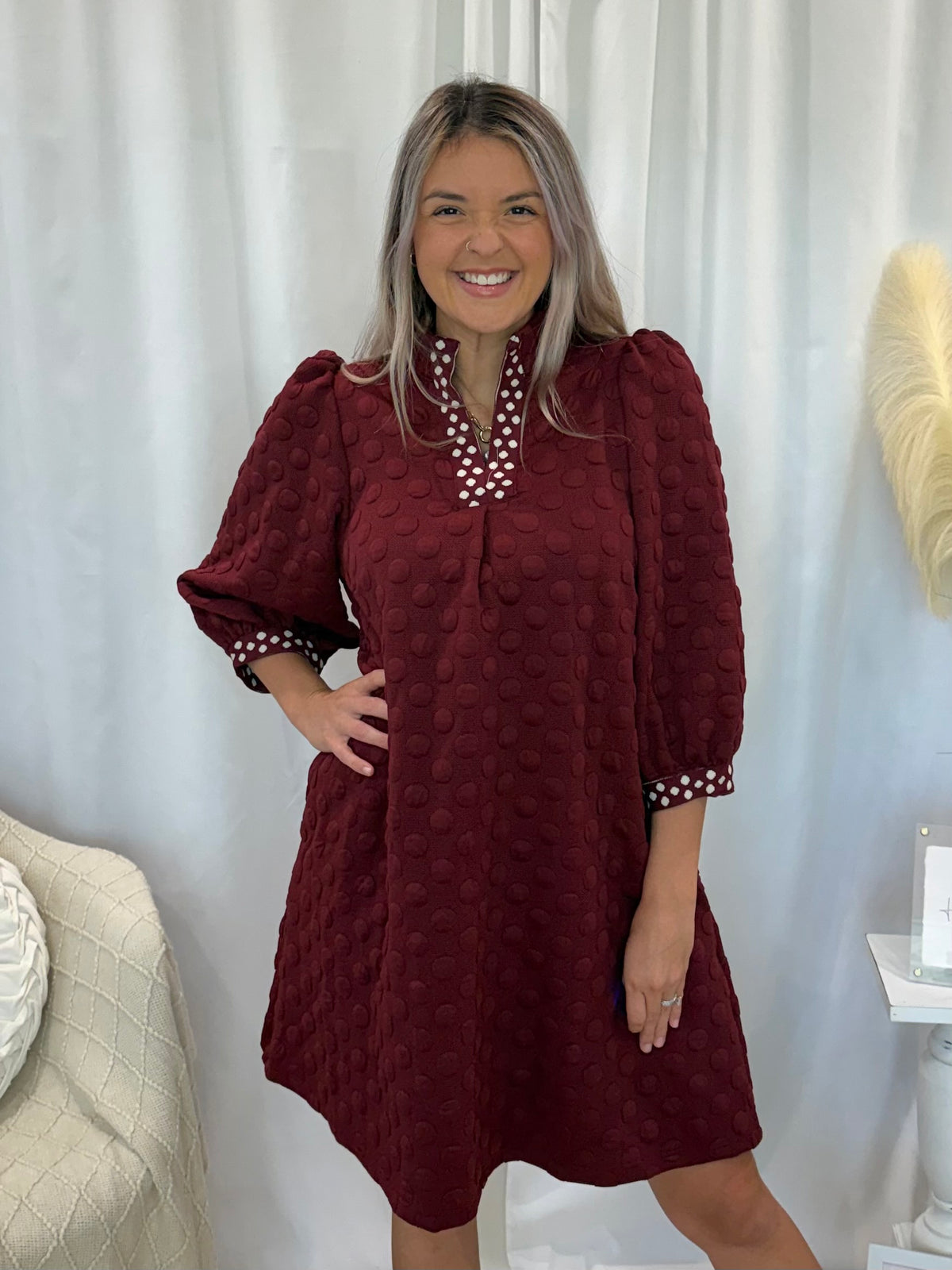 Maroon Polka Dot Dress (Pockets!)