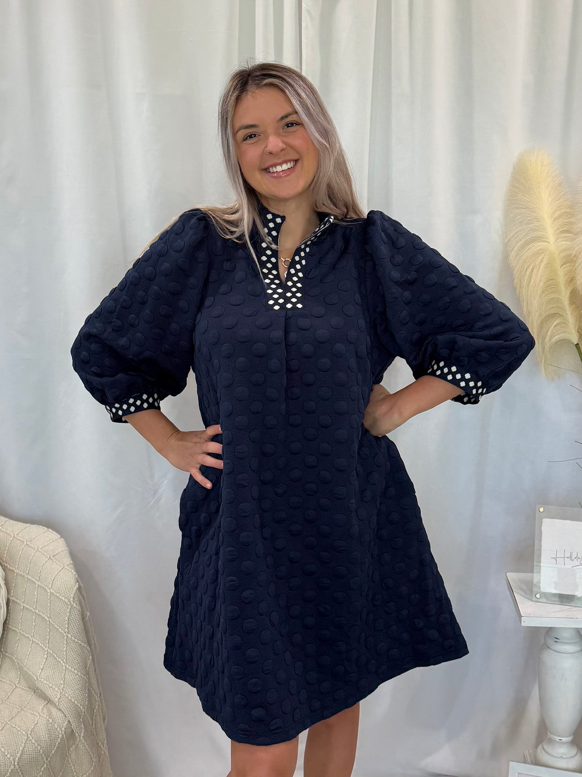 Navy Polka Dot Dress (Pockets!)