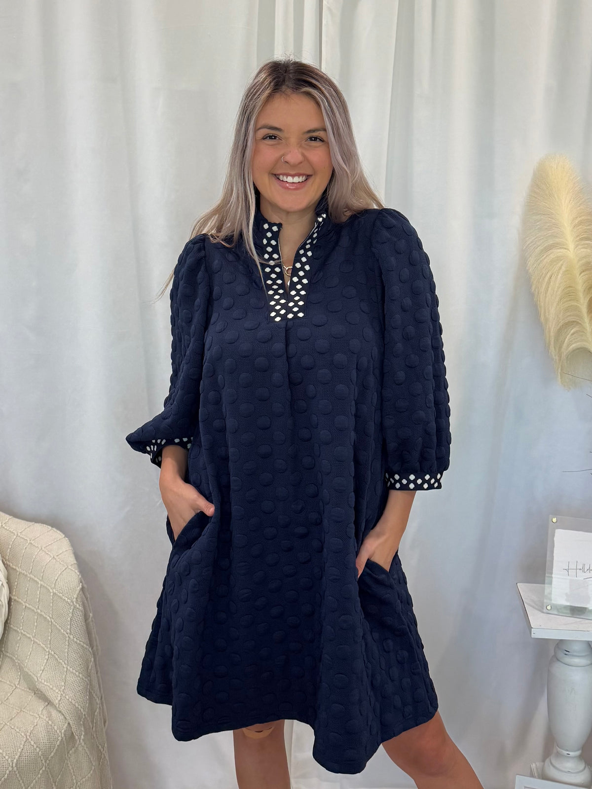 Navy Polka Dot Dress (Pockets!)