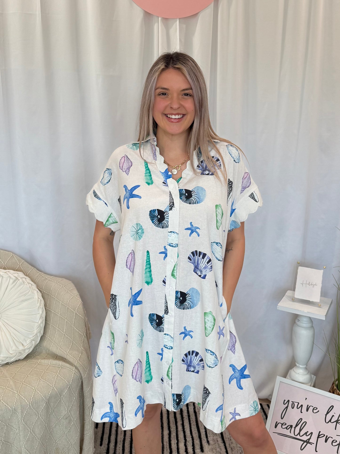Blue Scalloped Seashell Dress (Pockets!)