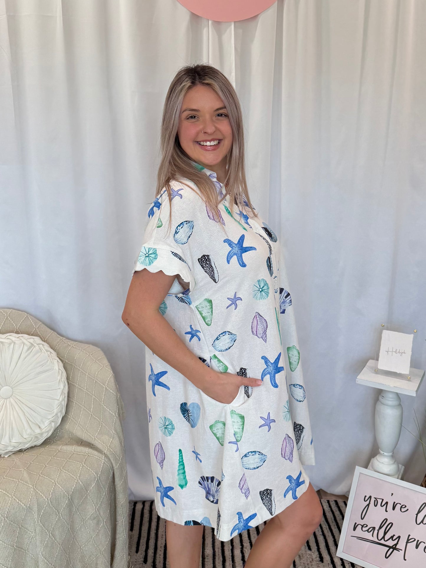 Blue Scalloped Seashell Dress (Pockets!)
