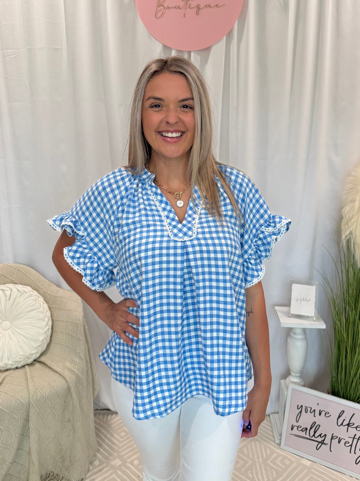 Blueberry Ruffle Gingham Top