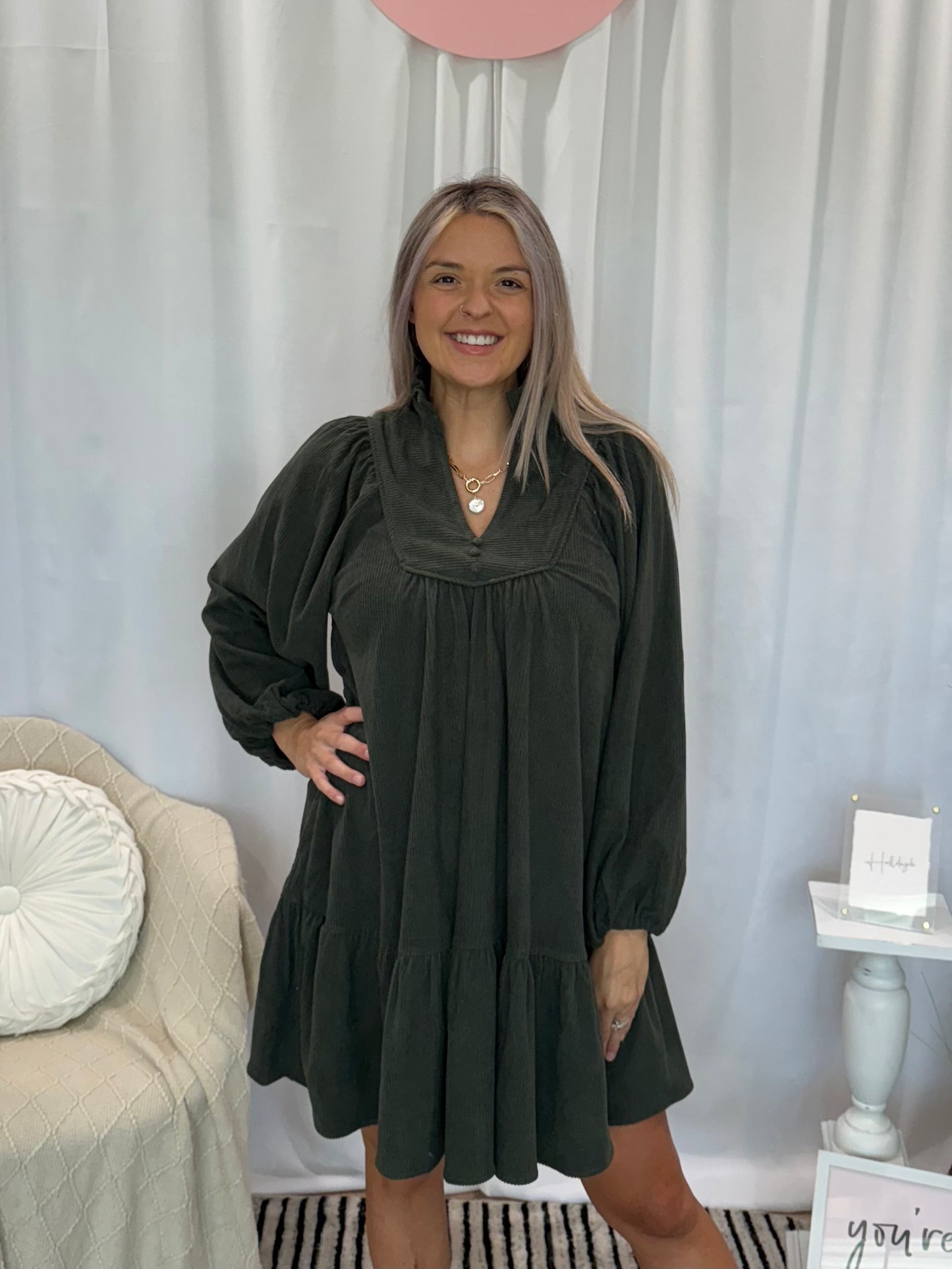 Olive Corduroy Deluxe Dress