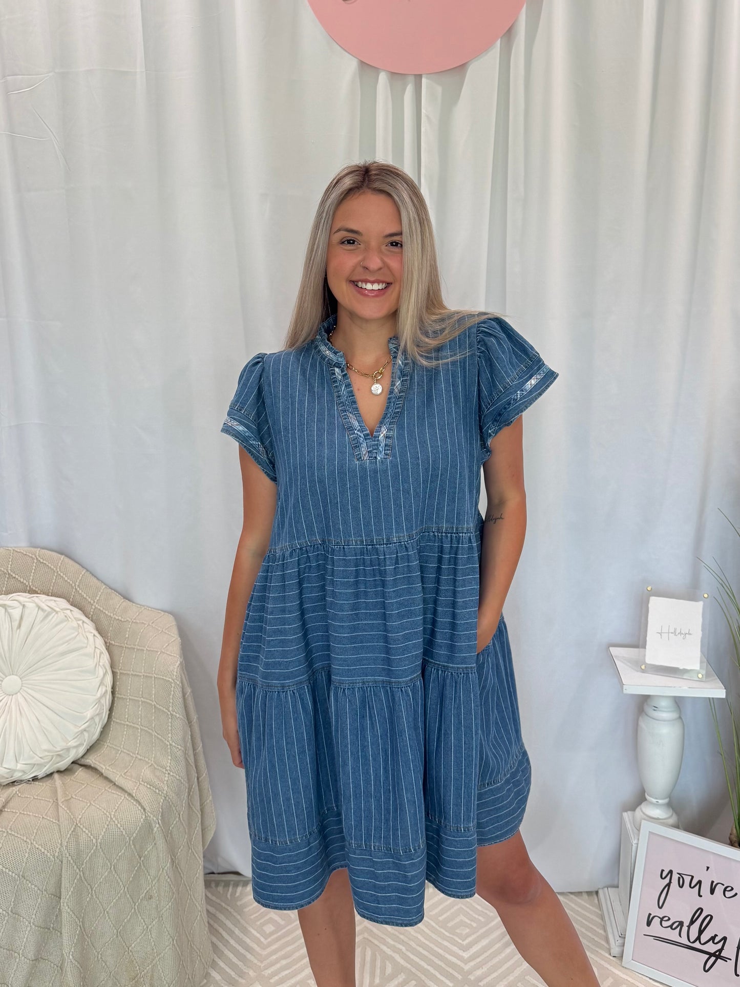 Light Daring Denim Dress (Pockets!)