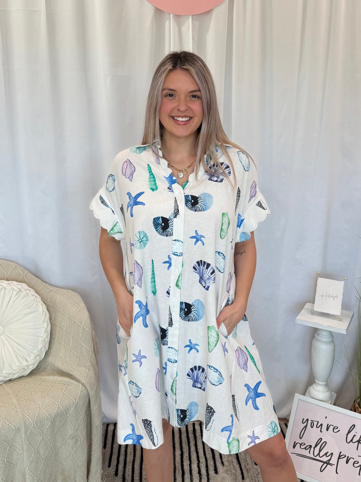 Blue Scalloped Seashell Dress (Pockets!)
