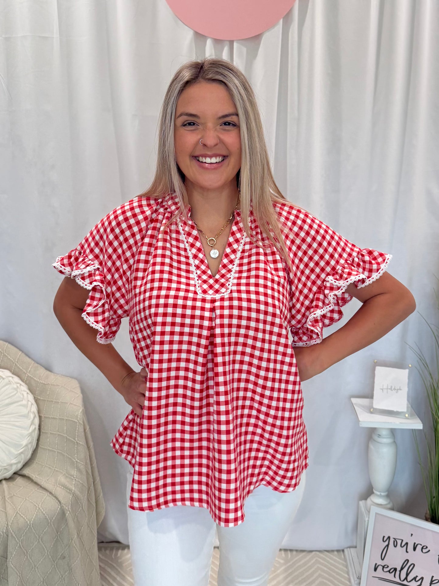 Cranberry Ruffle Gingham Top