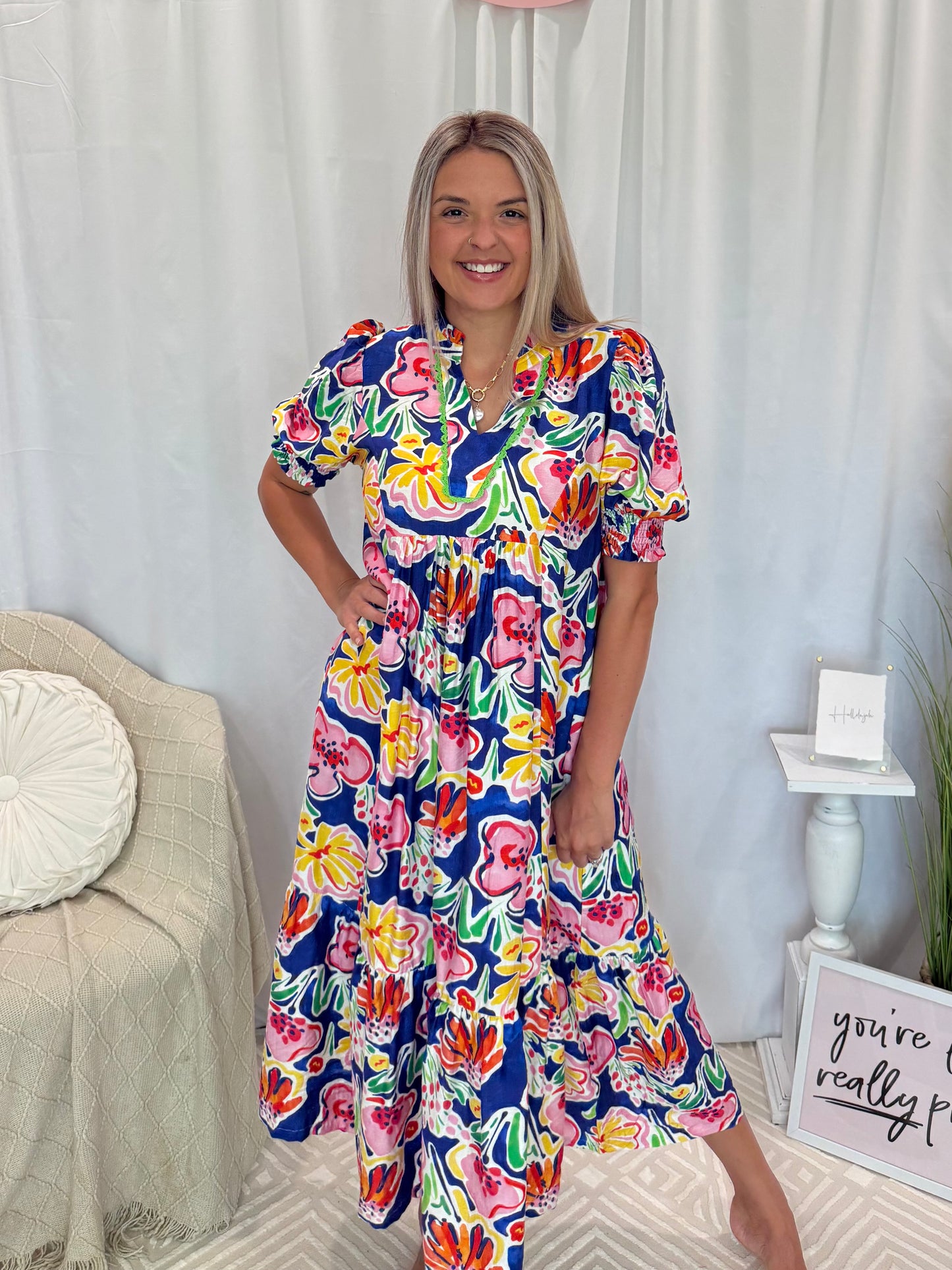Cobalt Island Bloom Dress (Pockets!)