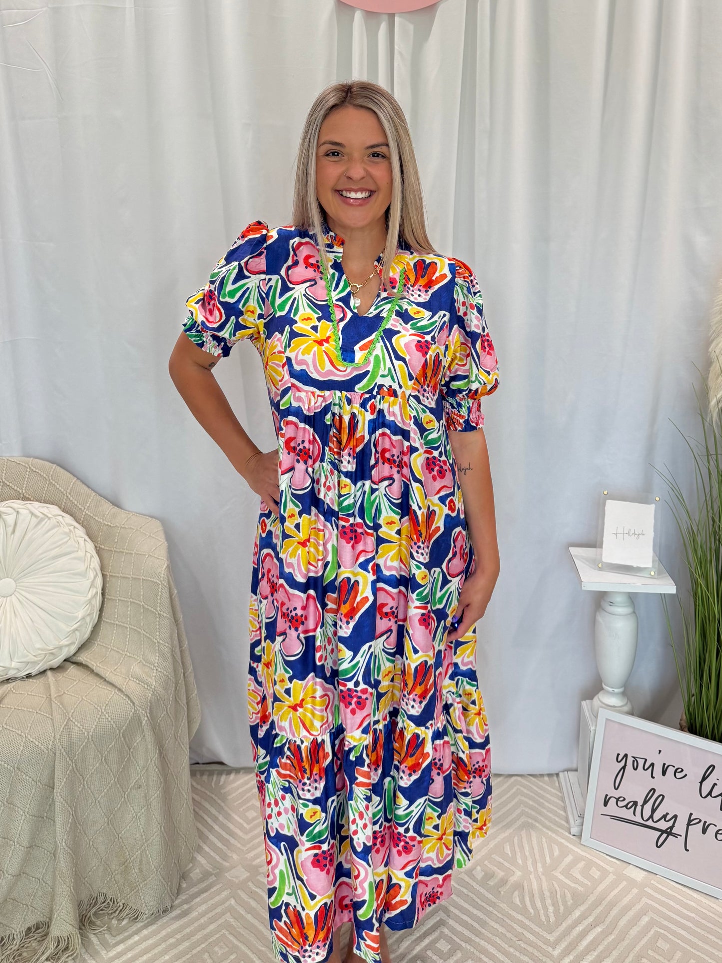 Cobalt Island Bloom Dress (Pockets!)